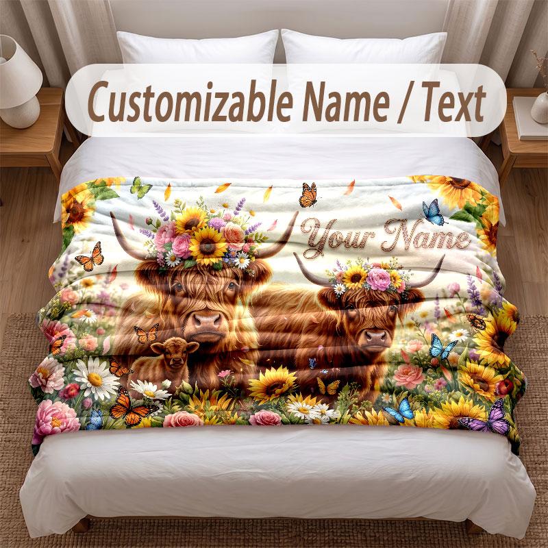 Highland Cow Theme Soft Blanket Personalized Custom Name Text Print Warm Blanket Home Sofa Bedroom Decor