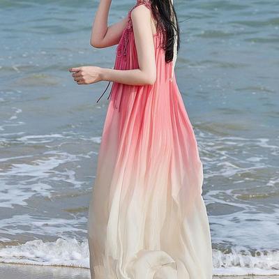 French Style Spaghetti Strap Gradient Chiffon Maxi Dress - Women's Summer Fairy Beachwear