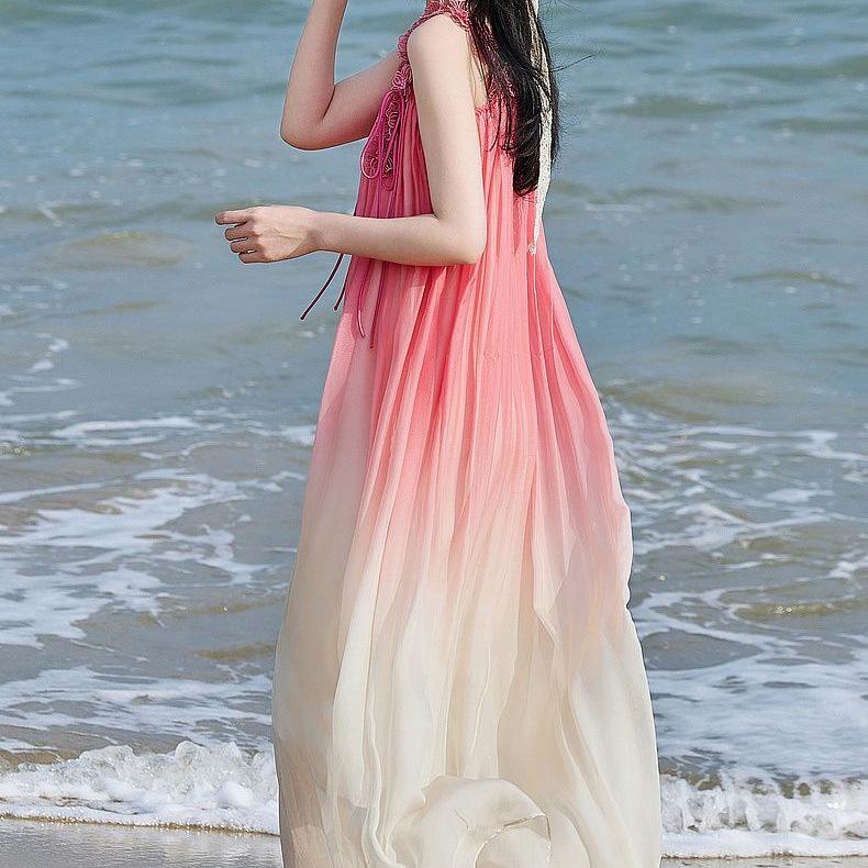 French Vacation Gradient Spaghetti Strap Chiffon Maxi Dress - Women's Beach Holiday Summer Skirt