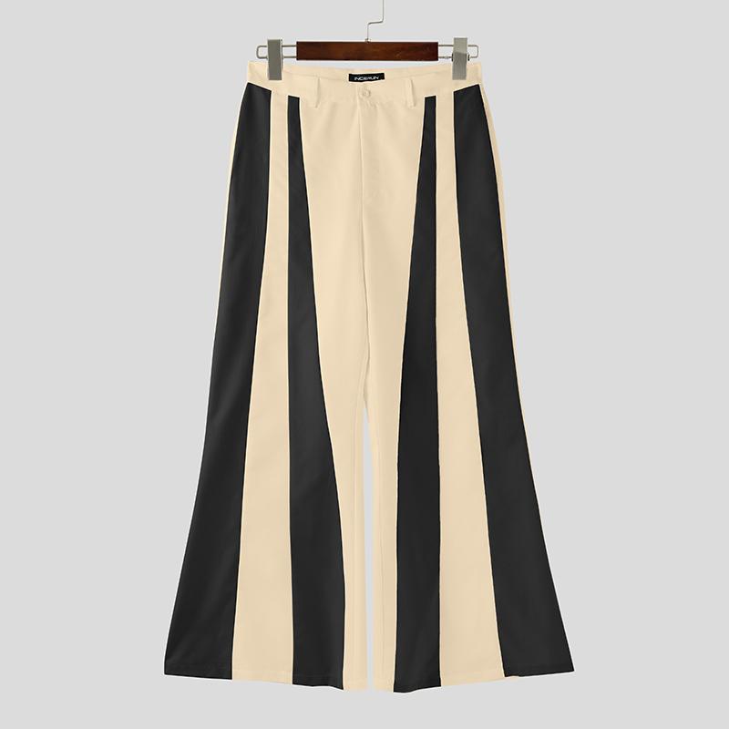 INCERUN S-5XL Men Casual Zip-up Waist Striped Long Flare Pants Trousers