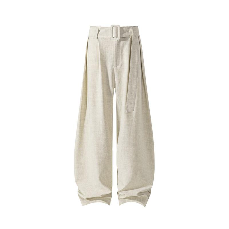Men Loose Wide Leg Linen Like Curved Cut Casual Long Pants