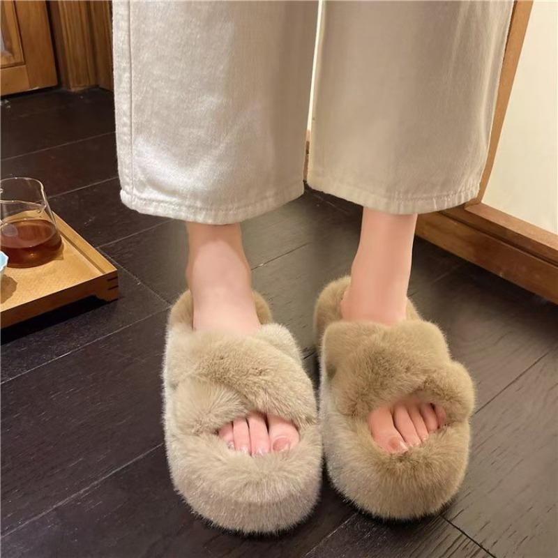 Large Size Fluffy Slippers for Women's Autumn and Winter New Home Exterior Wear with Plush Inside and Thick Bottom Cross Fluffy Mop