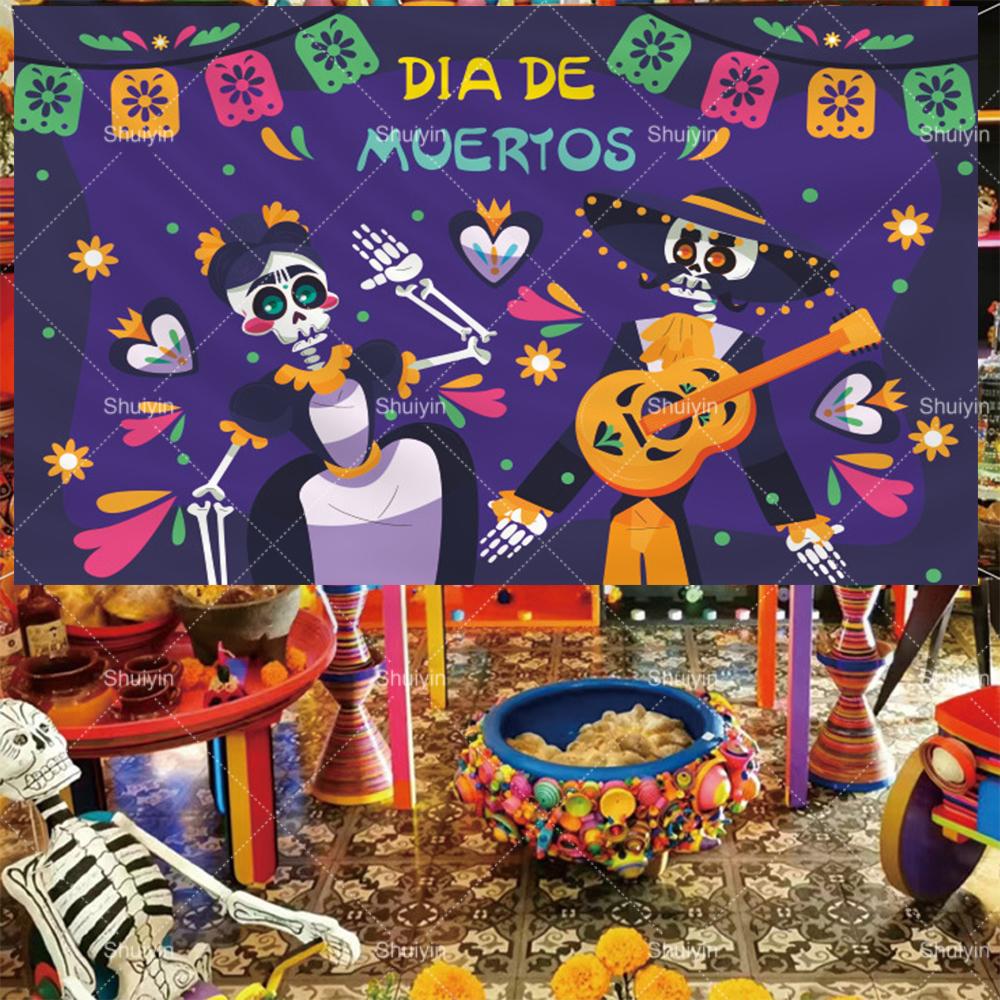 1pc Mexican Day of the Dead Background Skeletons Guitar Dia De Muertos Festive Decoration Party Supplies Fiesta Photo Shoot Prop