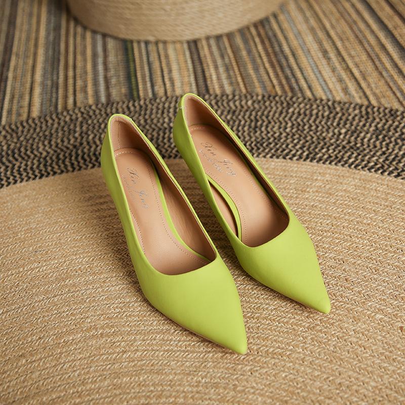 3351-18 French Solid Color Thin Heel Pointed High Heels Women's 2025 Professional Simple and Comfortable Work Shoes Single Shoes Women