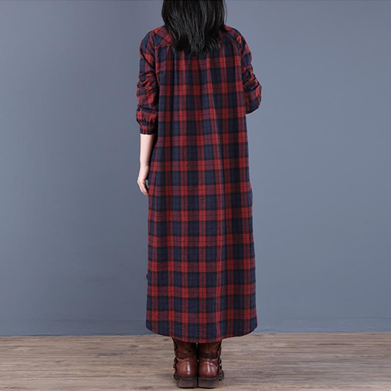 Frühling und Herbst Damenmode Lockeres Spleißen Karomuster Kragen Knopf Langarmkleid Mittellang Hemd Maxikleider