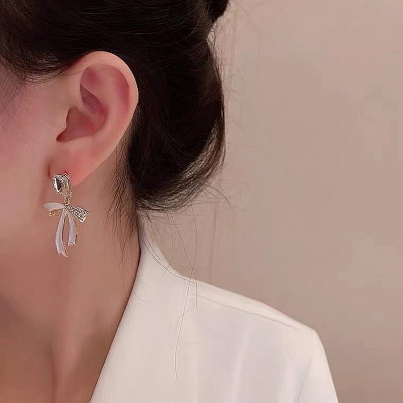S925 Silver Needle Rhinestone Bow Earrings for Women - Elegant Korean Style Studs