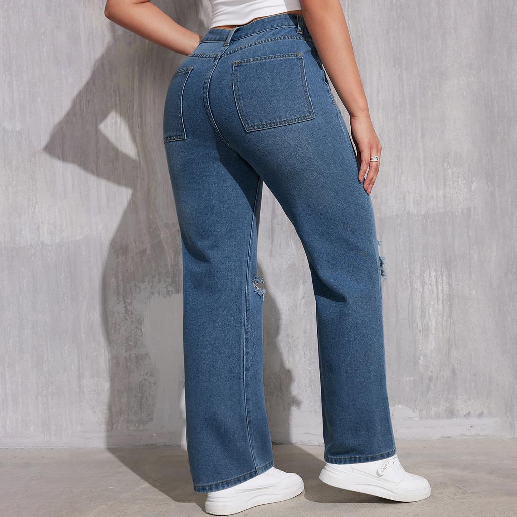 Women's High Waist Washed Women's Jeans Fashionable Versatile Straight Leg Pants