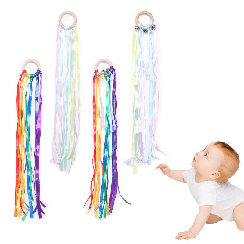 Rainbow Natural Wooden Ribbon Newborn Sensory Bell Toy Shower Gifts Dancing Prop
