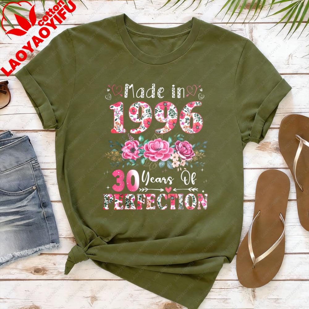 Made in 1996 T Shirt Women 30 Years of Perfection Floral Graphic Tee 30th Birthday Gift Cotton Short Sleeve O Neck Tops