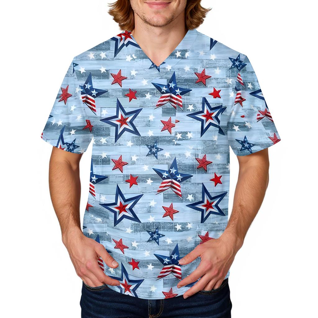 Men's Short Sleeve V Neck Medical Scrub Top with Pocket Independence Day Star Print Workwear Shirt for Healthcare Professionals