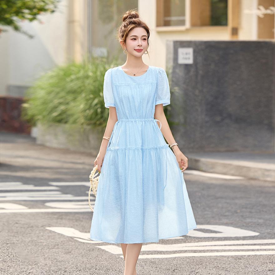 

Летний новый дизайн, чувство элегантности, темперамент, круглый вырез, отделка деревянными ушками, свежее платье с акцентом на талии, женское 2XL