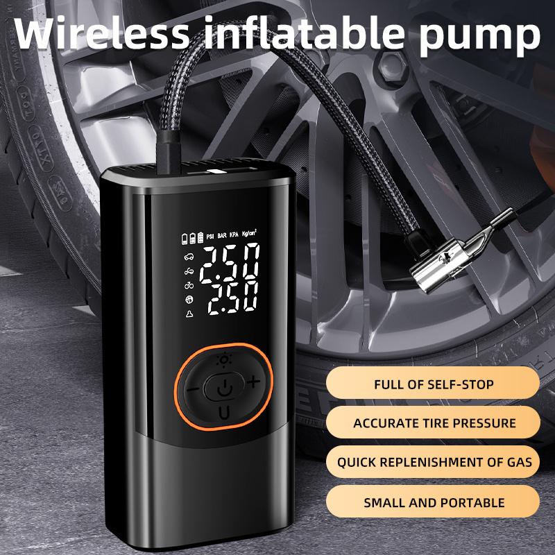 Portable air compressor with digital pressure gauge, 150PSI rechargeable battery, LED light, wireless tire inflator, and USB Type-C interface.
