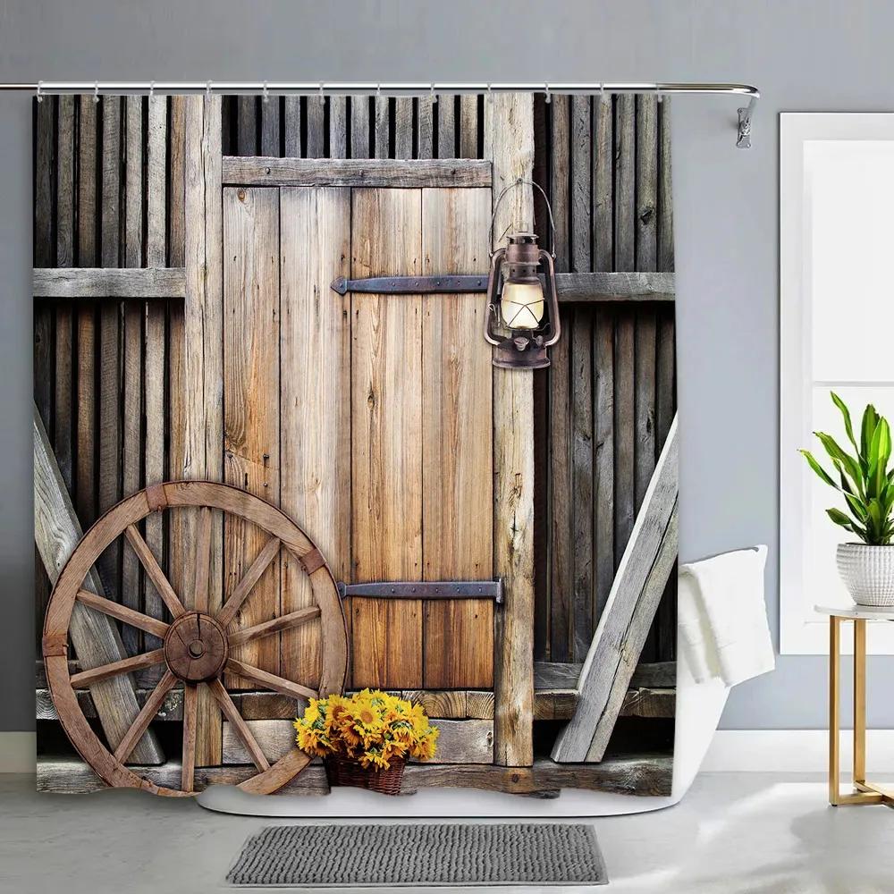 Vintage Rustic Wood Panel Shower Curtain Barn Door Floral Botanical Green Leaf Barn Farm Polyester Fabric Bathroom Decor Curtain