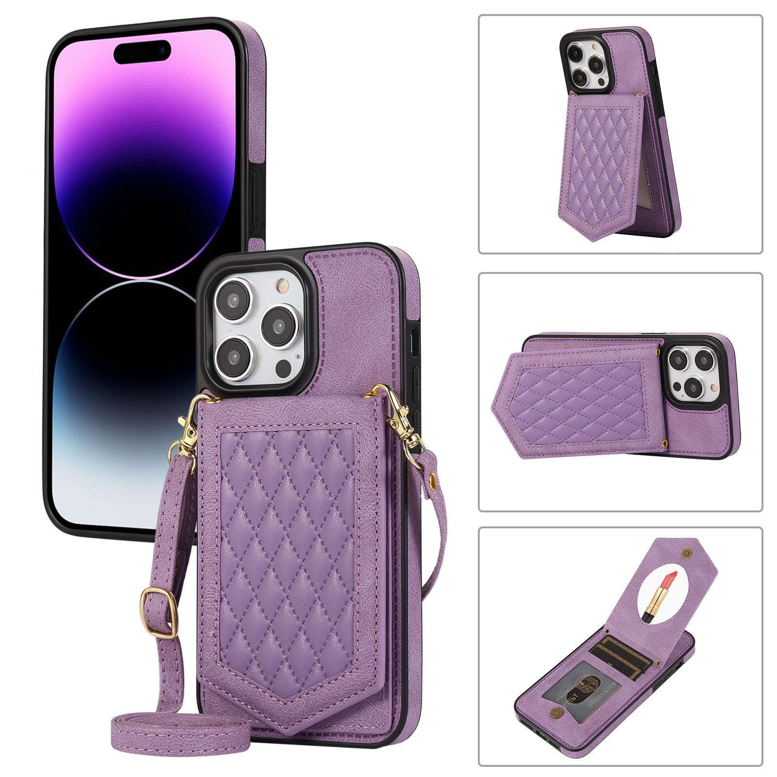 

For iPhone 16 Pro Cover TPU Leather Phone Case RFID Blocking Hidden Mirror Purple
