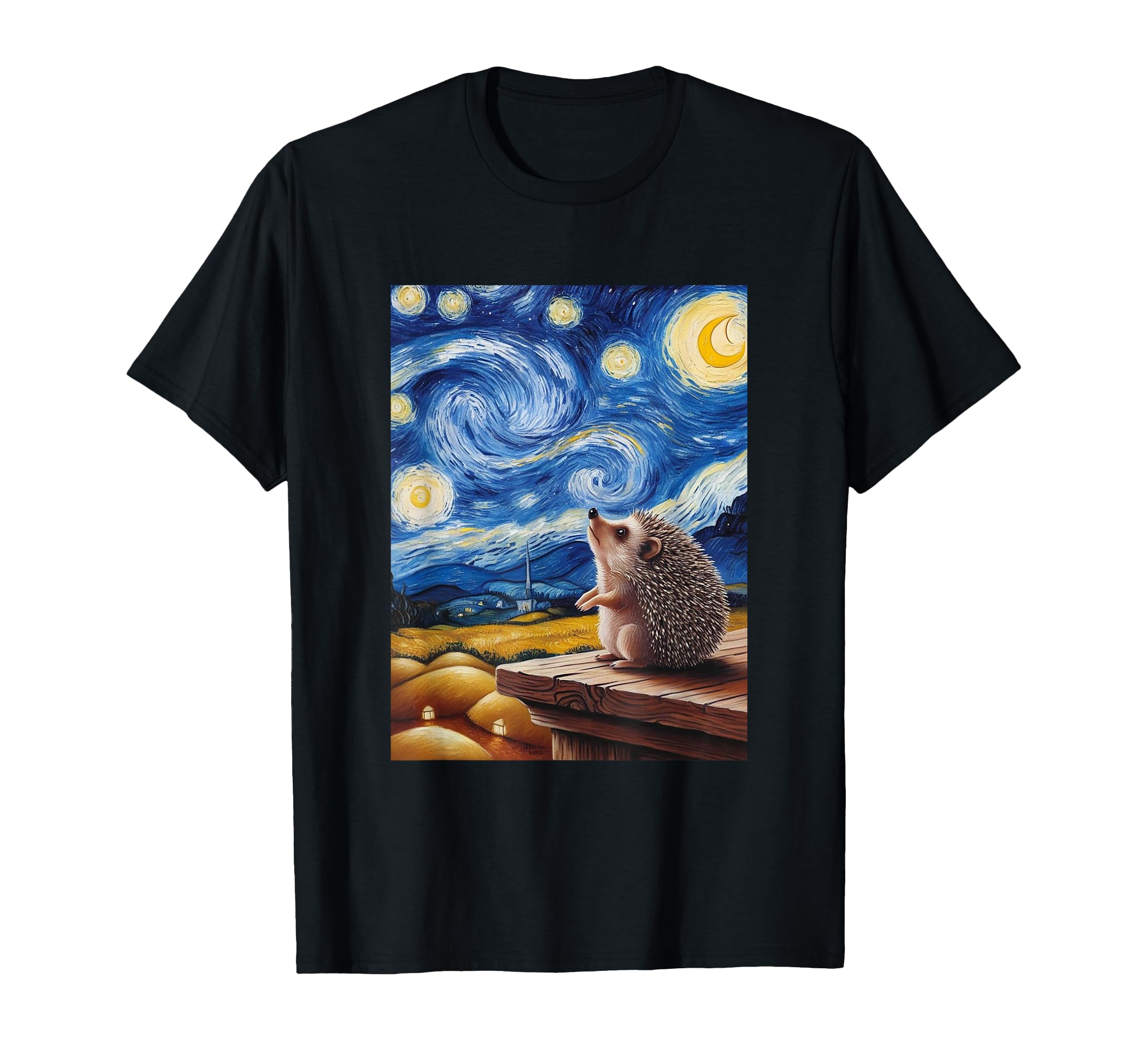 

Hedgehog Van Gogh Starry Night Style Artistic Hedgehog Funny T-shirt чорний