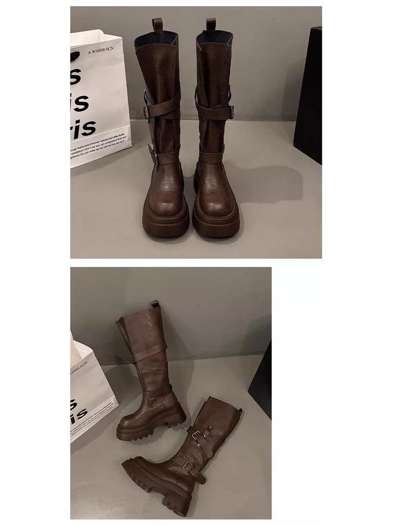 Small Over-the-Knee Height-Increasing Retro Boots with Buckle, Versatile for Autumn, In Stock