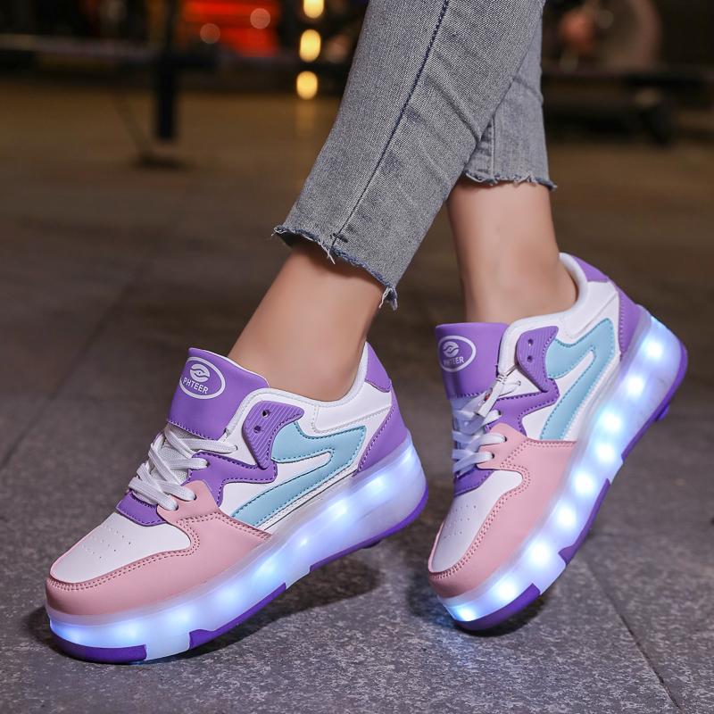 29-40 Kid's Lights Sports Shoes Rubbing Shoes Solid Magic Patch Can Charging Double-row Four-wheel Luminous Children Shoes