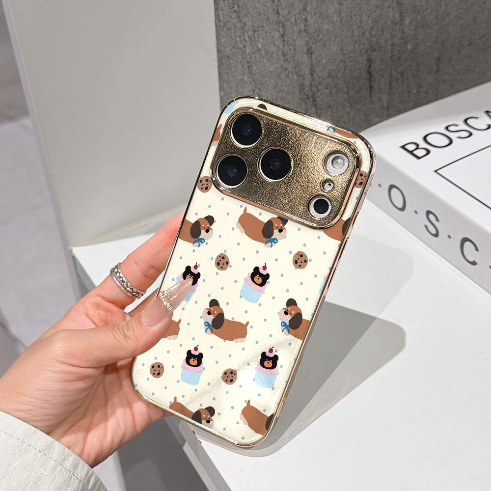 

Lucky Start Phone Case For iPhone 17 16 15 14 13 12 11 Pro Max 16E Gold Electroplated glass shell Cute Dog Dessert Pattern Cover IPHONE11PRO