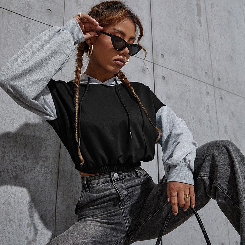 Autumn Women Fashion Color-block Crop Top Loose Drawstring Hooded Hoodie