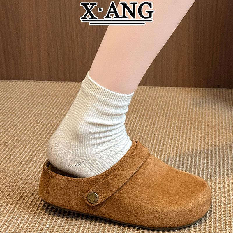 Cowhide Version Thick-soled Bag Head and Half Slippers for Women To Wear Autumn New One-pedal Lazy Single Shoes