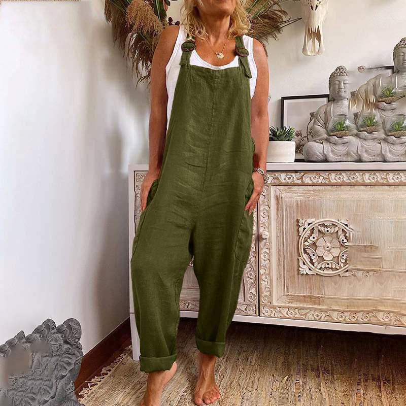 Wide Leg Jumpsuit Women Adjustable Button Cotton Linen Pocket Work Clothes