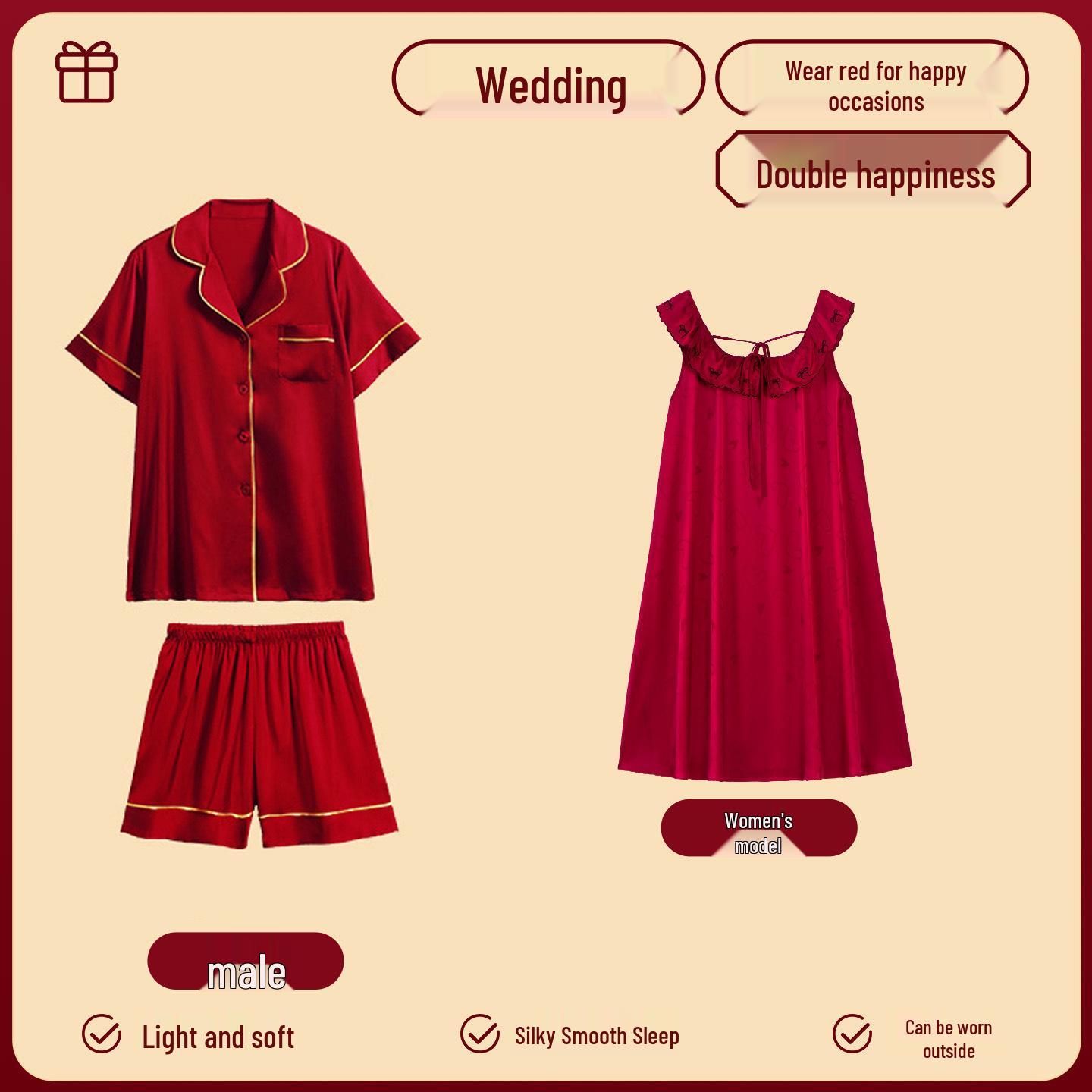 

Комплект пижамы из ледяного шелка Endless Love Wedding Festive Red - Мужские брюки и женская юбка M Women + 2XL Men