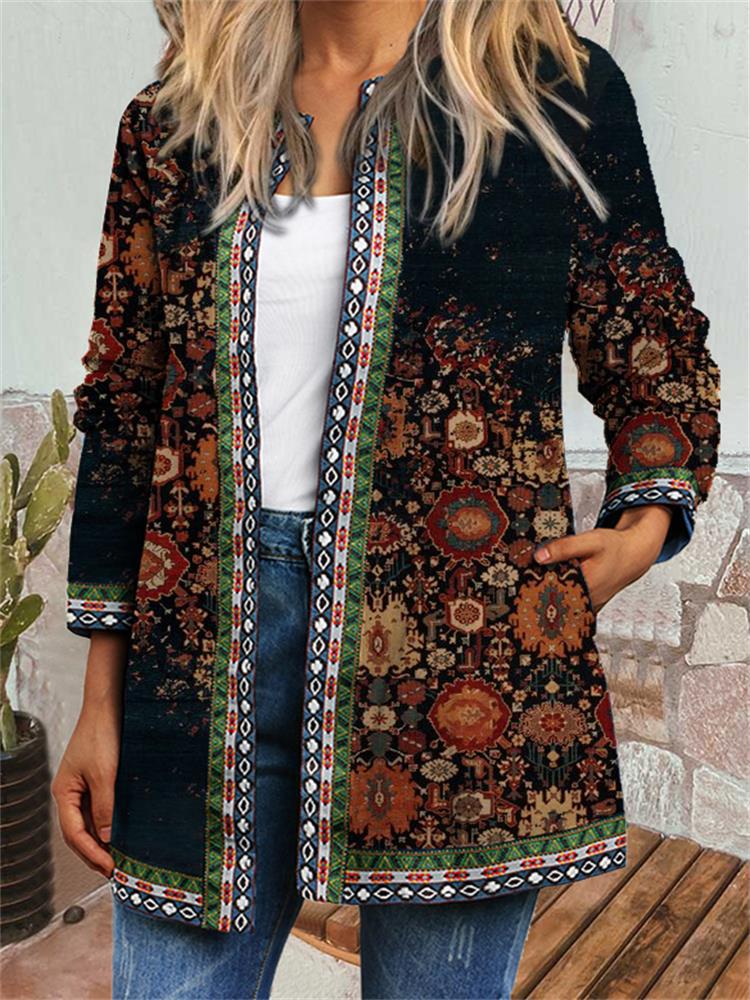 Women's Crew Neck Long Sleeve Cardigan Oversized Vintage Ethnic Print Plus Size Open Front Jacket Casual Outerwear