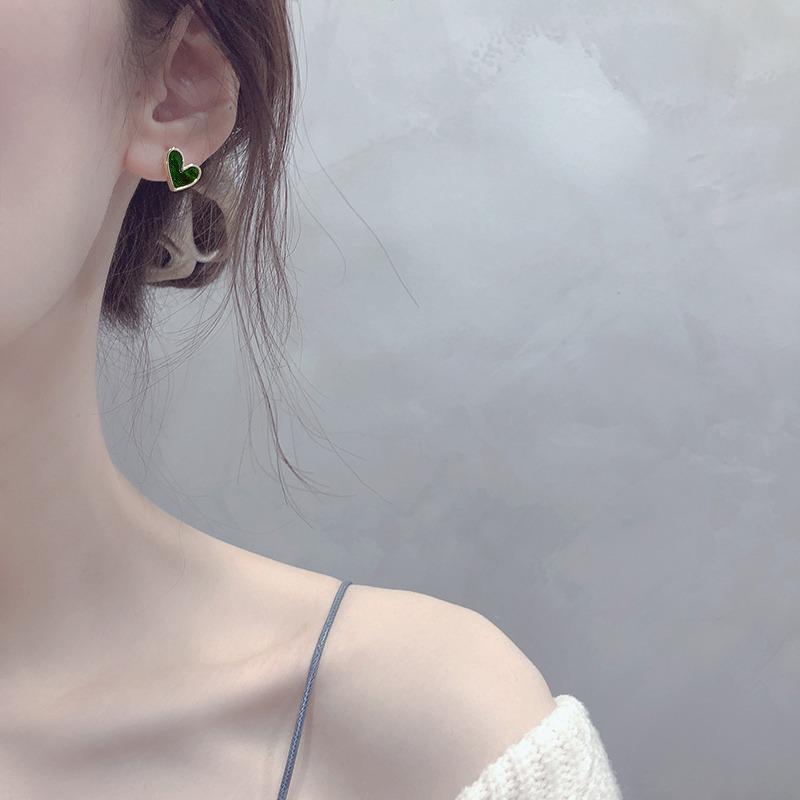 S925 Silver Needle Dark Green Heart Earrings - Korean Retro Style Women's Jewelry 2024