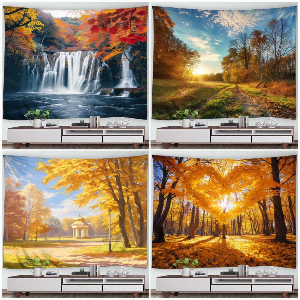 Autumn Forest Scenery Tapestry Wall Hanging Decor Red Leaves Maple River Fall Nature Landscape Tapestry Indoor Home Decorations