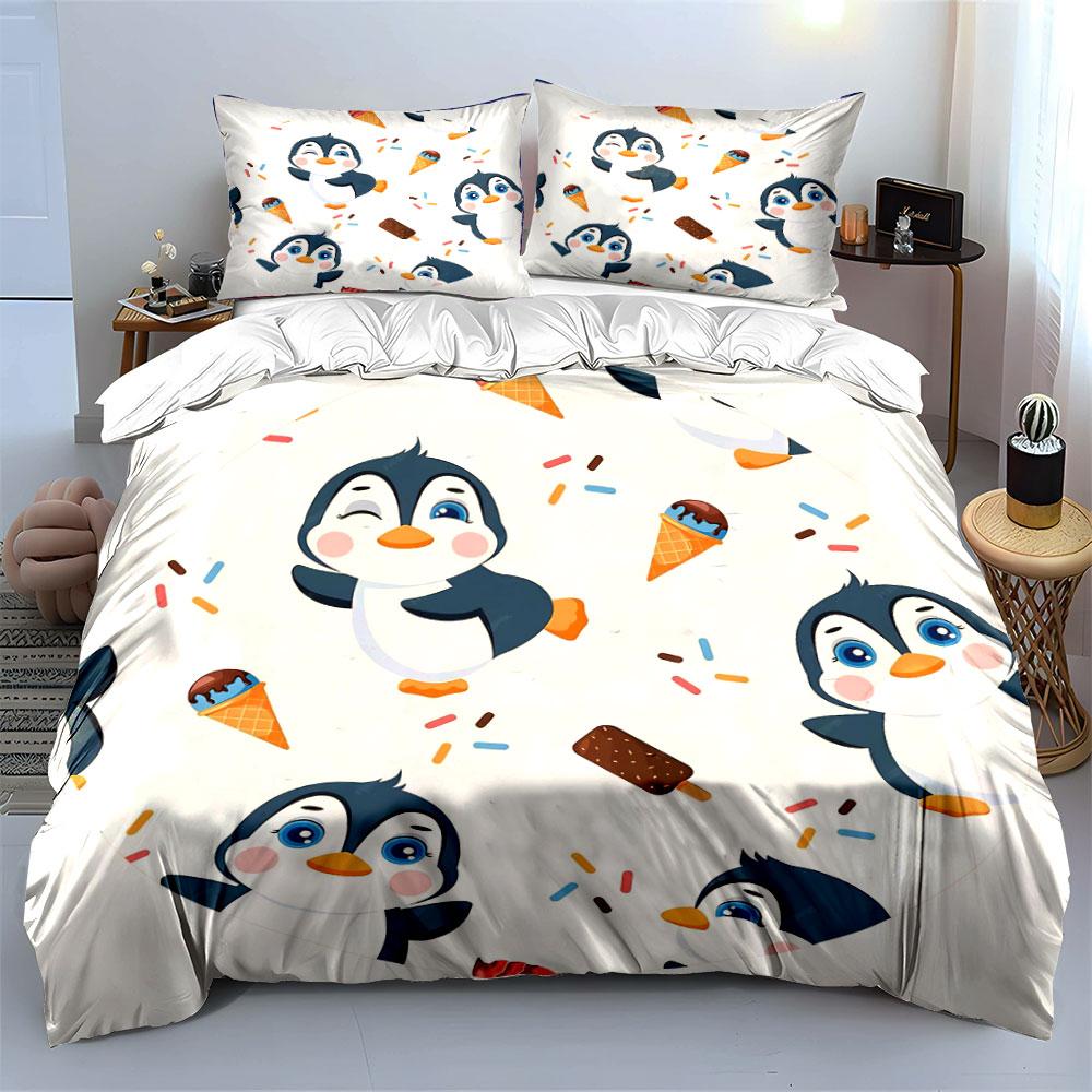 Penguin Ice Cream Theme Decor Soft Skin-Friendly Bedding Set Includes 1 Duvet Cover And 2 Pillowcase Gift