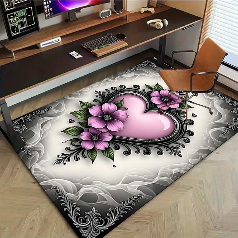 1PC Heart Flowers Non-Slip Floor Carpet Compatible for Office&Living Room&Dining room - Flat-Weave Machine- Soft & Pattern-E302