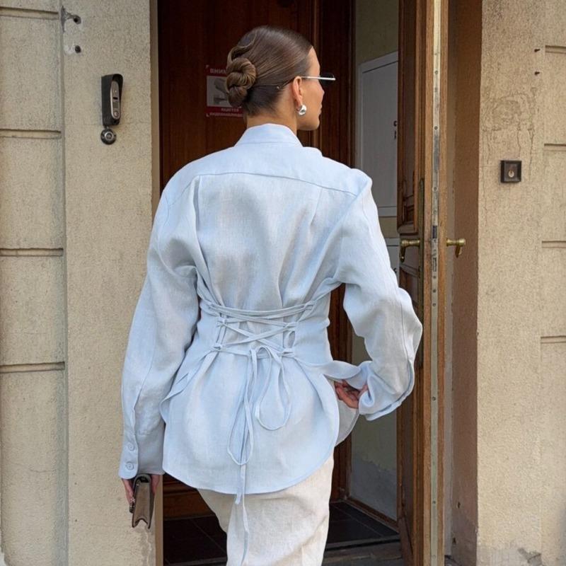 Fashion Cotton Strap Shirt for Women Spring Autumn Bandage Elegant Solid Color Slim Fit Top Commuting Casual Simple Long Sleeve Blouse Sweet Clothing