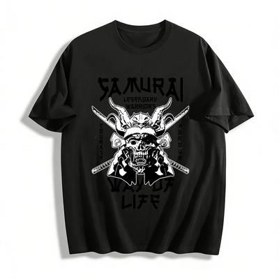 Vintage Totenkopf Samurai Print T-Shirt Dunkles Japanisches Street Style T-Shirt Reines Baumwoll-T-Shirt