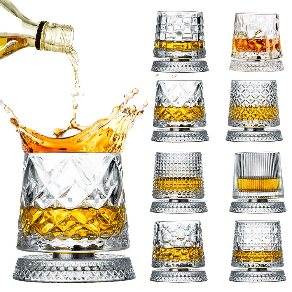 2Pcs/Set Whiskey Glasses Rotating Whisky Glass With Glass Base 360 Rotate Degrees Crystal Rum Glass Cocktail Party Drinking Gift