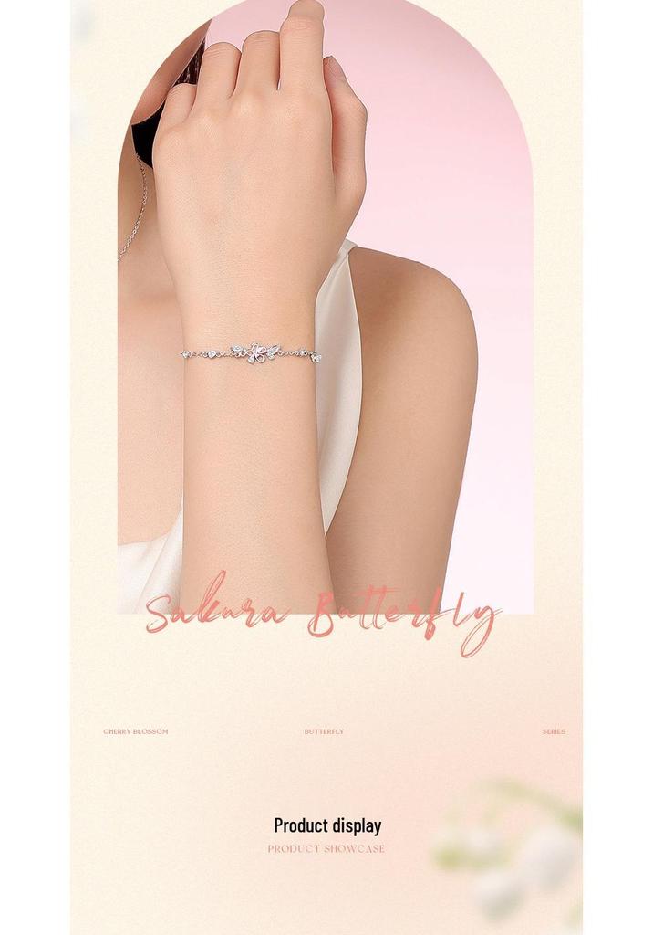 S925 Sterling Silver Cherry Blossom & Butterfly Bracelet for Women - Light Luxury Pink Series - Romantic Holiday Gift