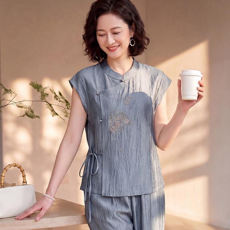 Mid-Aged Women's New Chinese Style Embroidered Summer Suit