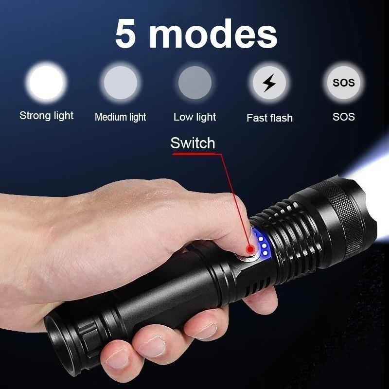 Most Powerful LED Flashlight Strong Light Tactical Torch Outdoor Waterproof Camping Hiking Lantern  USB Rechargeable Lamp