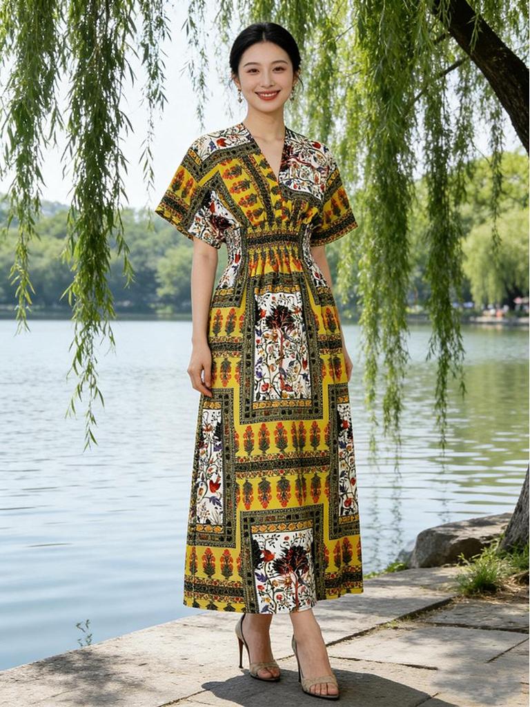 2026 V-neck Digital Print High-waist Batwing Sleeve Beach Dress - Southeast Asian Cotton Silk