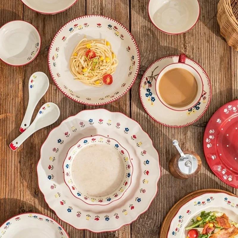 SOLECASA Ceramic Tableware Pastoral Style Rice Soup Bowl Fruit Salad Bowl Dish Pasta Dessert Plate Dinnerware Table Decoration