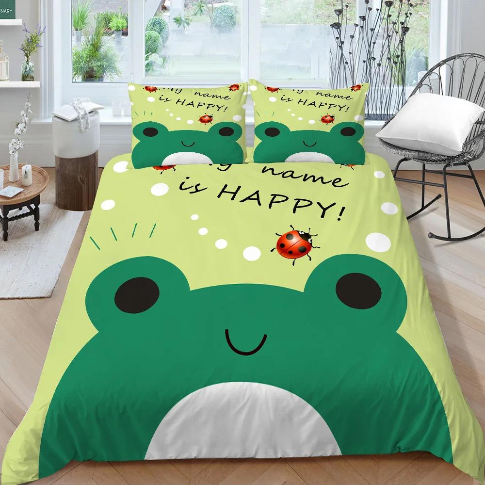 Cartoon Frog Duvet Cover Set King/Queen Size Reptile Animal Theme Bedding Set Cute Green Frog Polyester Comforter Cover for Kids