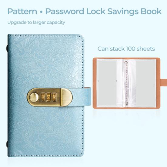 Financial Planning Notebook A6 Password Lock Cash Budget Organizer, PU Leather And Relief Cover, Security Binder 100 Pocket Savings Challenge Booklet