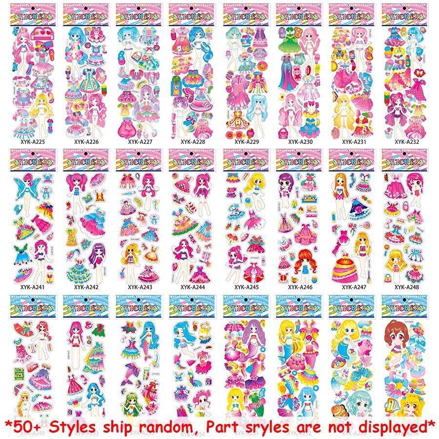 6-24pcs Costume Change Girl Bubble Stickers 3D Cartoon Creative Princess Self-adhesive Graffiti Stickers Student Reward Stickers