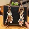 Cute Fabric Bunny Bag Charm, Handmade Plush Rabbit Keychain with Flower Dress & Braided Rope