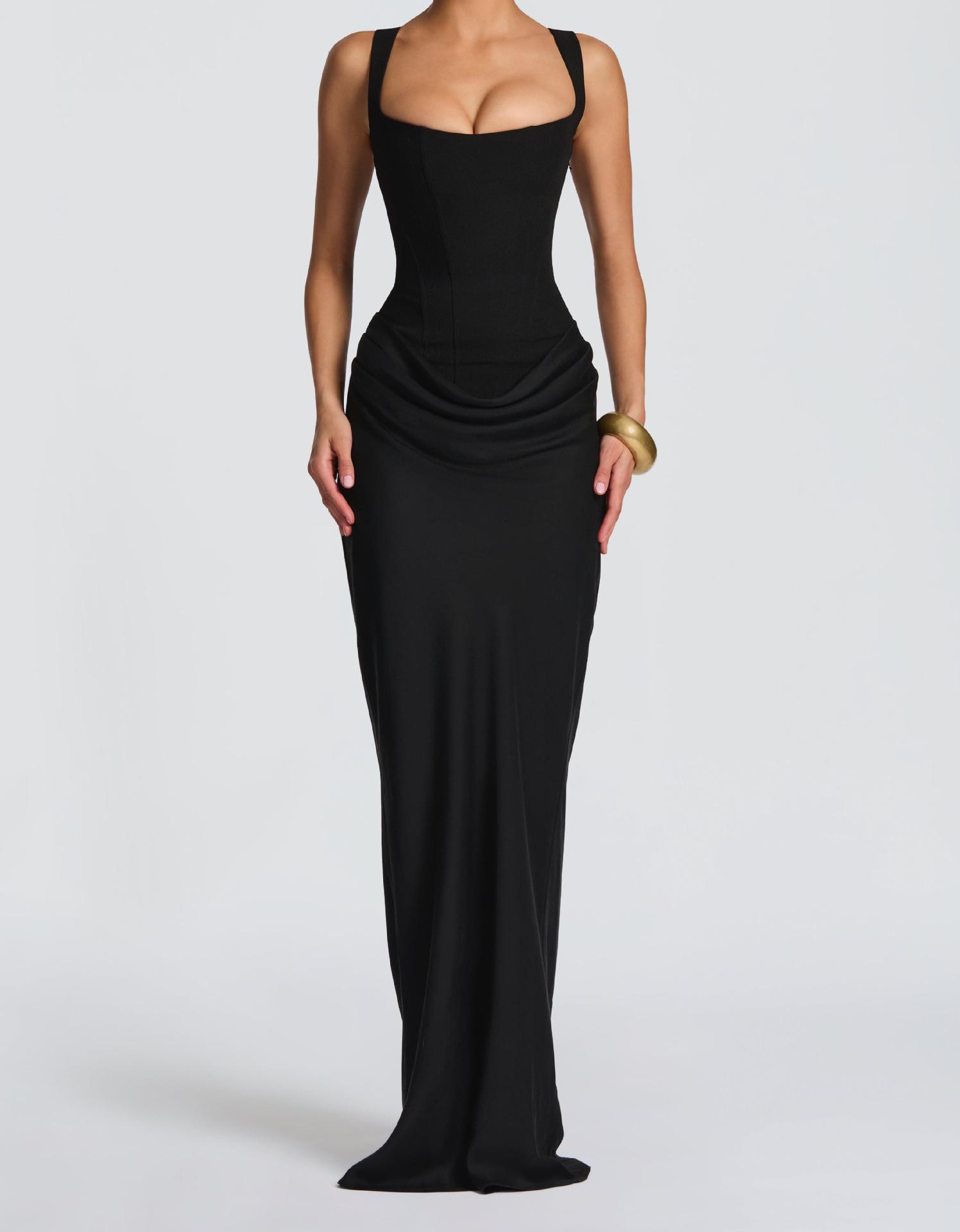 Elegant Sexy Fishbone Slim Fit Lace-Up Pleated Spaghetti Strap Evening Gown Extra Small