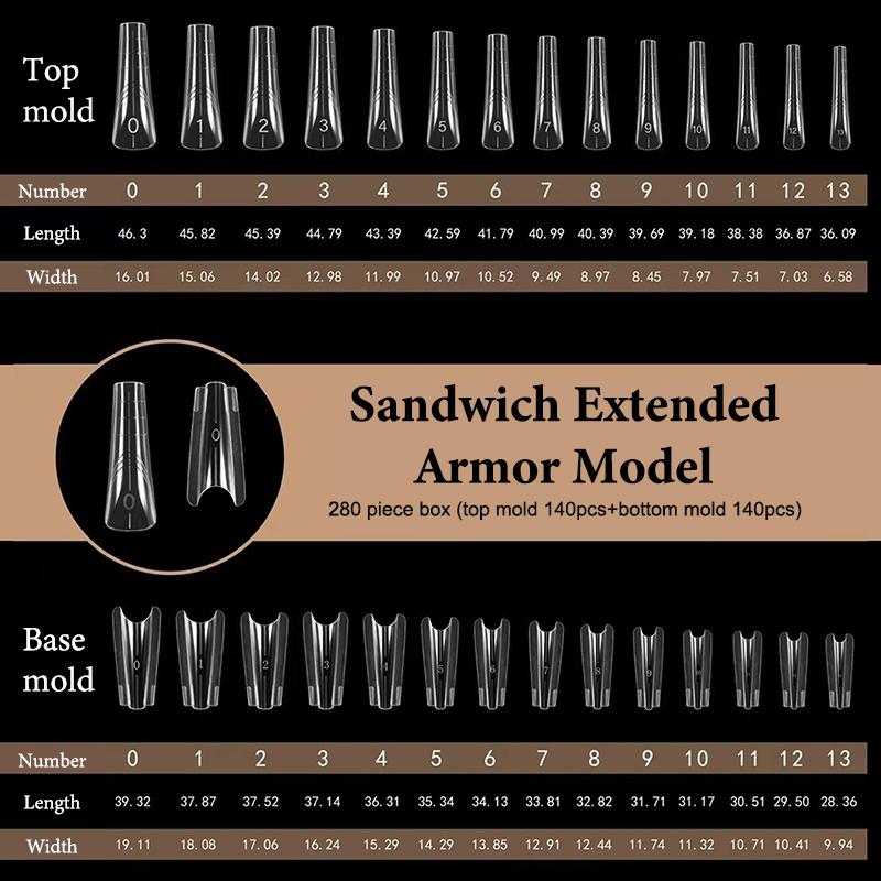 280Pcs Sandwich Dual Forms Nail Extension Upper Mold Coffin Almond Acrylic Top Bottom Molds 14 Sizes Nail Forms