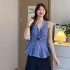 Korean V-neck plaid inner and outer sling vest women's clothing summer waist versatile pleated slim sleeveless top