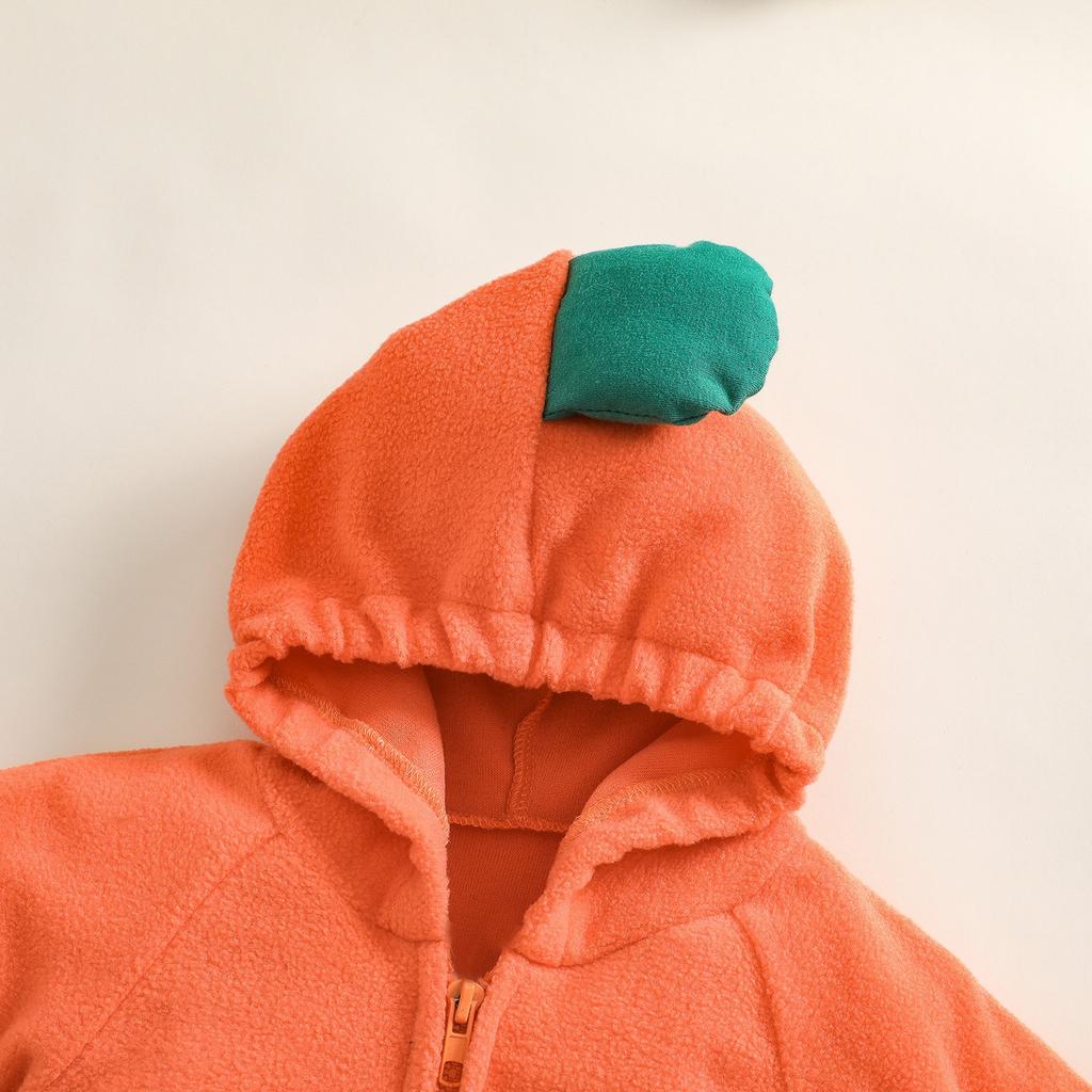 Children's Halloween Long-Sleeved Cushaw Shape Hooded Foot-Covering Romper