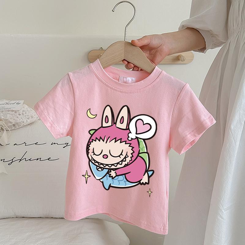Labubu Children's Pink T-shirt Cartoon Anime Summer Short Sleeved Girl Fashion Cute Top