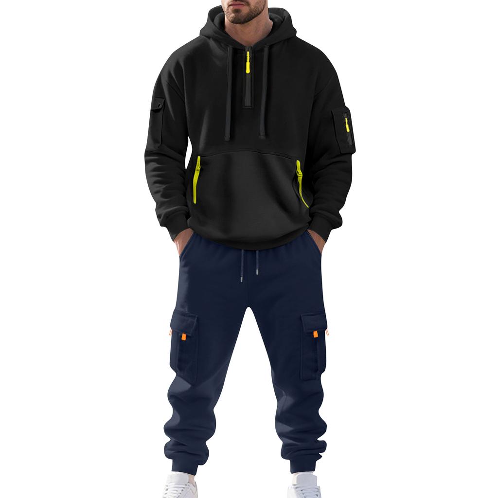 Men's Solid Color Casual Suit Loose Sports Hooded Sweatshirt With Pockets Multi Pocket Overalls Suit