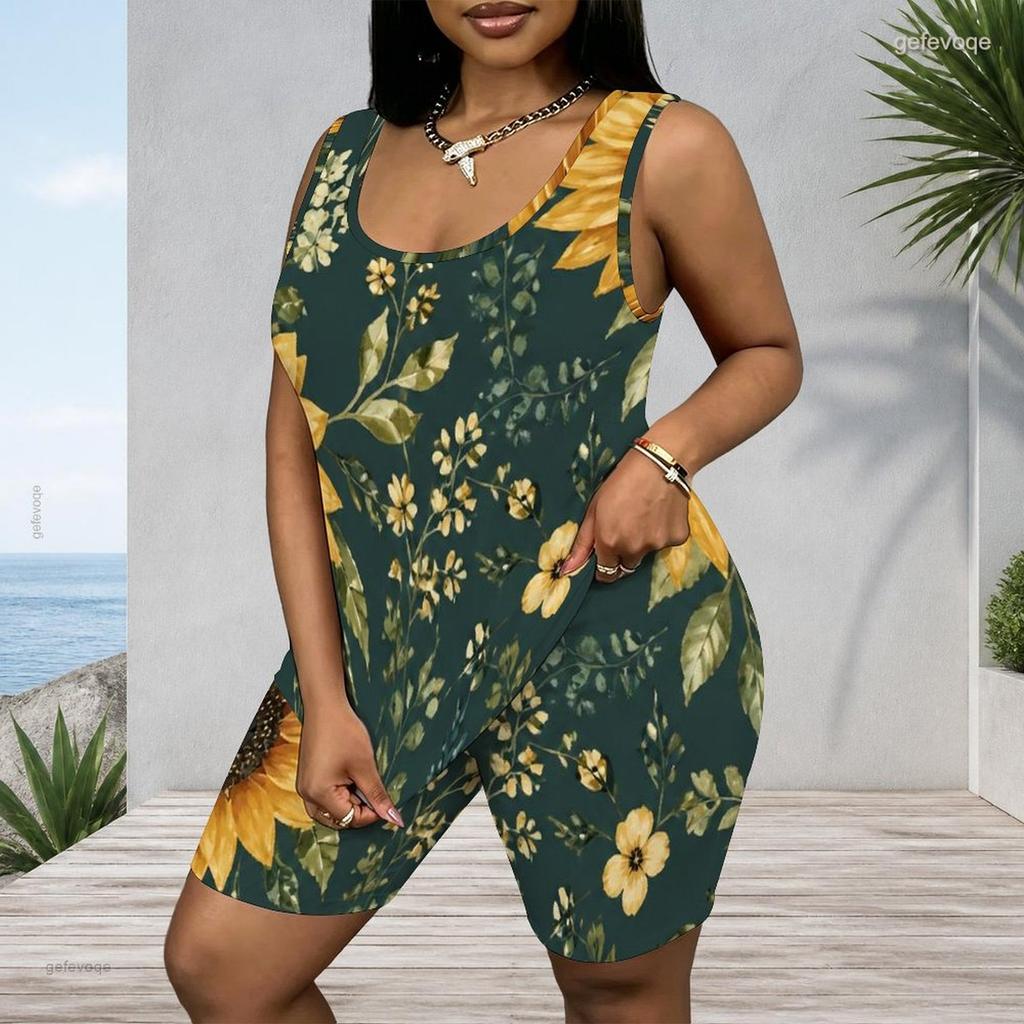 Women Plus Size Blue Floral Printed Scoop Neck Sleeveless Tank Top Fitted Shorts Two Piece Set